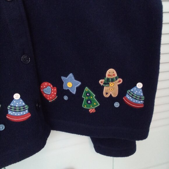 VTG C&B SPORT XL FLEECE BUTTON-UP NAVY CHRISTMAS TREES STARS GINGERBREAD TEACHER - Picture 5 of 9